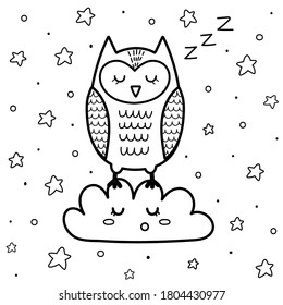 Cute sleeping owl on the cloud coloring page for kids. Good night coloring book with stars. Black and white background. Sweet dreams vector illustration 