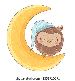 Cute sleeping owl on the moon