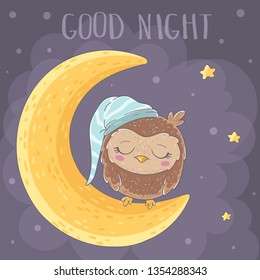 Cute sleeping owl on the moon