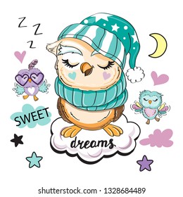 Cute sleeping owl and two little owls on white background