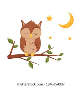 Cute sleeping owlet sitting on a branch, lovely bird cartoon character, good night design element, sweet dreams vector Illustration