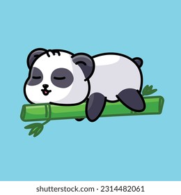 Cute sleeping panda with bamboo simple cartoon illustration vector icon