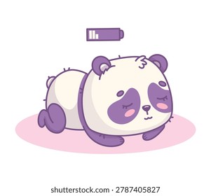 Cute Sleeping Panda Bear lie down On Stomach With Charging Energy Battery Above. Kawaii Cartoon Animal Recovering Power. Vector Illustration. Biohacking. Mental Health Therapy.
