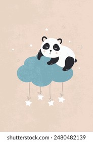 Cute sleeping panda bear on a cloud for baby. Funny panda character children's poster in brown, beige colours. Vector illustration