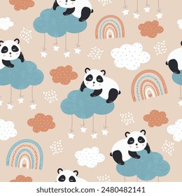 Lindo oso panda durmiente en una nube para el patrón sin fisuras del bebé. Póster divertido en marrón, colores beige. Ilustración vectorial