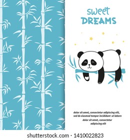 Cute sleeping panda bear. Sweet dreams vector set with bamboo pattern.