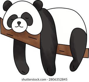 Cute sleeping panda cartoon resting on a tree branch vector illustration.
