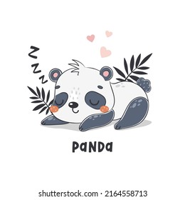 Cute sleeping panda cartoon vector illustration for posters, T-shirt  print, postcard. Jungle animal in hand drawn style