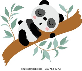 Cute Sleeping Panda Curled on Branch Vector
