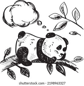 Geräumige Schlafpanda, handgezeichnete Vektorgrafik, schwarz auf weiß. Skizze.