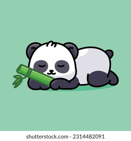 Cute sleeping panda with hugging bamboo vector cartoon illustration icon isolated