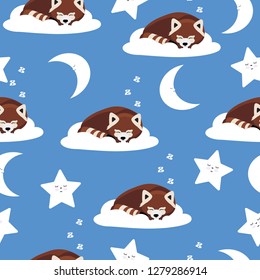 Cute sleeping panda, sleeping moon and star. Vector illustration. Pattern for cloth, wrapping paper.