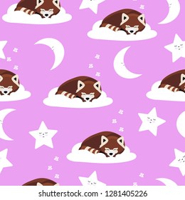 Cute sleeping panda, sleeping moon and star. Vector illustration. Pink background. Pattern for cloth, wrapping paper.