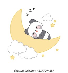 Cute sleeping panda on the moon around clouds and stars in kawaii style.