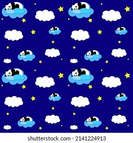 Cute sleeping panda. Panda sleeps on a cloud. Seamless pattern for kids. Vector illustration