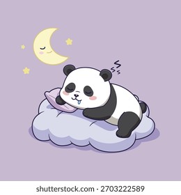 Cute Sleeping Panda Vector Illustration on Purple Cloud with Moon and Stars on Light Purple Background