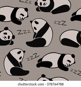 Cute sleeping pandas. Seamless vector pattern. Beige background