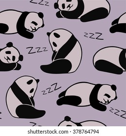 Cute sleeping pandas. Seamless vector pattern. Purple background