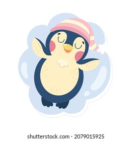 Cute sleeping penguin on the clouds.
