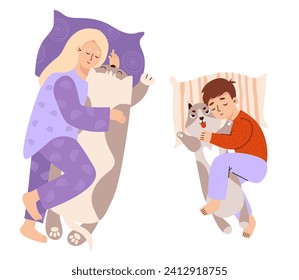 Agradable gente durmiendo con juguetes de peluche. Mujer con almohada de gato animal grande y niño con juguete de perro husky. Caracteres aislados en estilo plano. Ilustración vectorial.