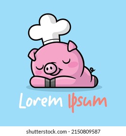 CUTE SLEEPING PIG IS WEARING CHEF HAT CARTOON MASCOT LOGO