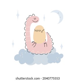 Cute sleeping pink dinosaur in the clouds. Happy simple childish hand-drawn cartoon doodle scandinavian style. Vector illustration. Isolate on a white background. Pastel palette