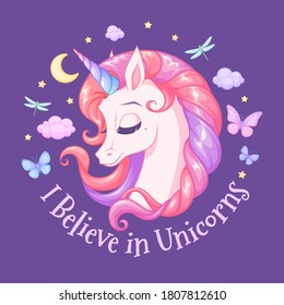 Cute sleeping pink unicorn surrounded with butterflies on night sky. Vector illustration.