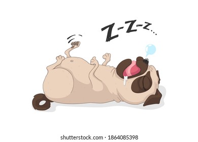 Cute sleeping pug dog with text. Vector hand drawn cartoon illustration. For t-shirt design, posters, cards and prints.  