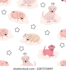 Cute sleeping puppy, clouds, stars, crown, butterflies Seamless pattern. Gentle colors. For newborn