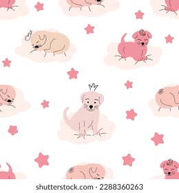 Cute sleeping puppy, clouds, stars, crown, butterflies Seamless pattern. Gentle colors. For newborn