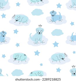 Cute sleeping puppy, clouds, stars, crown, butterflies Seamless pattern. Gentle colors For newborn