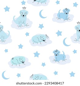Cute sleeping puppy, clouds, stars, crown, butterflies Seamless pattern. Gentle colors For newborn