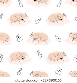 Cute sleeping puppy, clouds, stars, crown, butterflies Seamless pattern. Gentle colors For newborn