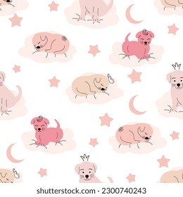Cute sleeping puppy, clouds, stars, crown, butterflies Seamless pattern. Gentle colors For newborn