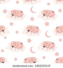 Cute sleeping puppy, clouds, stars, crown, butterflies Seamless pattern. Gentle colors For newborn