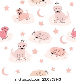 Cute sleeping puppy, clouds, stars, crown, butterflies Seamless pattern. Gentle colors For newborn