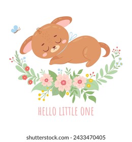 Lindo cachorro durmiente con flores y mariposa. Caricatura dibujada a mano para invitación, póster, pegatina, impresión y tarjeta de felicitación. Escandinavo ilustración vectorial aislado sobre fondo blanco. 