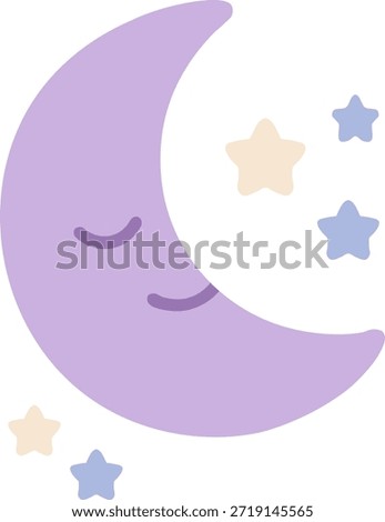 Cute sleeping purple crescent moon character with pastel stars isolated on white background, perfect for nursery decor, baby lullaby themes, and peaceful bedtime stories illustration.
