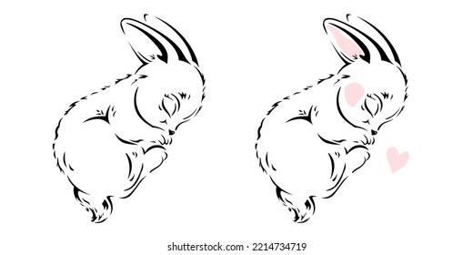 Cute sleeping rabbit isolated on white background. Black outline sketch, little hare in cartoon style. Vector element for Easter design, greeting card, screen printing, tattoo, laser cutting.