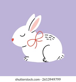 Cute sleeping rabbit vector illustration with red bow