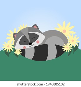 Cute sleeping raccoon in flowers. North American raccoon, native mammal. Cartoon animal design. Flat vector illustration isolated on yellow background. Forest inhabitant. Wild animal with grey fur.