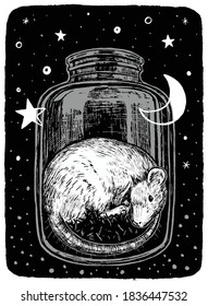 Cute sleeping rat in the bank. Hand drawn vector illustration in monochrome colors. Abstract retro graphic drawing isolated on white. Single element for design print, shirt, poster, typography, decor.