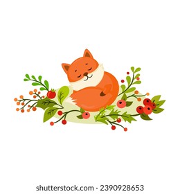 Cute sleeping red fox illustration with floral elements. Kids print design.