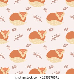 A cute sleeping red fox in scandinavian style with botanical minimalistic ornaments, seamless vector pattern. Textile decor, wrapping paper. Nursery accessories.