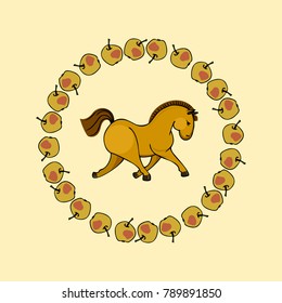 cute sleeping run horse in apple wreath