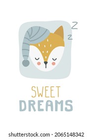 Cute sleeping scandinavian doodle fox portrait poster. Print for poster, apparel, fabric, paper, card, postcard, notes, nursery.