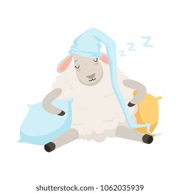 Cute sleeping sheep character wearing hat, funny humanized animal vector Illustration