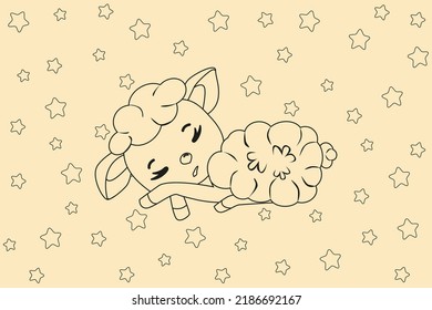 Cute sleeping sheep. Funny background of a sleeping lamb. Sheep's Baby