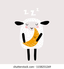 Cute sleeping sheep holding moon. Childish creative print for nursery decoration, card, poster, apparel. Vector illustration