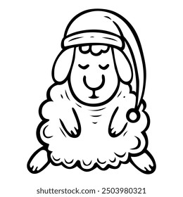 Cute sleeping sheep in nightcap hand drawn doodle. Children plush toy. Time to sleep. Vector outline line art illustration.